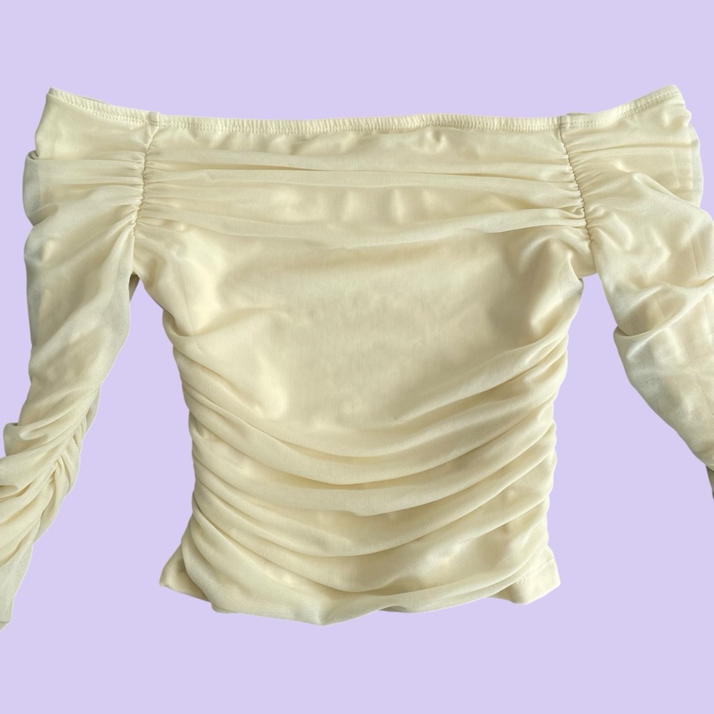 Cream Off Shoulder Ruched Crop Top Ruffle Sleeves Coquette Preppy Y2K Stretch - Picture 5 of 8